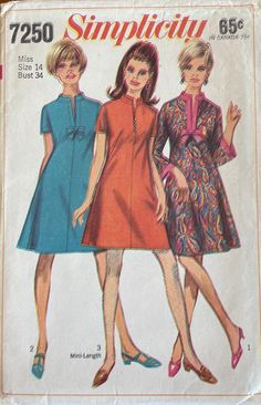 This is a Simplicity 7250 misses' dress in two lengths sewing pattern.  The dress without side seams has two-piece "stand-up" collar, set-in sleeves and back zipper.  View 1 and 2 are regular length, View 1 with about wrist-length sleeves has braid trim and bow.  View 2 and 3 have short sleeves.  View 2 has top-stitching and self fabric bow trim.  Above knee-length View 3 has button trim. Size  14 Bust  34" Waist  26" Hip  36" This pattern is UNCUT with factory folds and instructions.  The envelope is in good condition.  This comes from a smoke free home. Thank you for looking! 60's Outfits