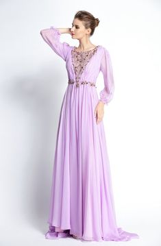 Bateau A-line Floor-length Long Sleeve Chiffon Lace Mother of the Bride Dress with Zipper Back - Dorris Wedding Embellished Chiffon Evening Gown, Embellished Chiffon Gown For Evening, Purple Chiffon Evening Dress, Embellished Georgette Evening Dress, Embellished Georgette Dress For Banquet, Embellished Georgette Dress For Banquets, Elegant Purple Chiffon Gown, Embellished Georgette Evening Dress For Prom, Floor-length Embellished Chiffon Party Dress