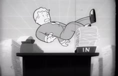 a drawing of a man laying on top of a pile of paper in front of a wall