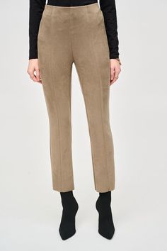 We think you might like this... These beautifully tailored scuba suede pants from Joseph Ribkoff offer pull-on style with a subtly flared leg and front seams for a flattering fit. *This item is final sale* Features: Women's scuba suede flared pants Length: 27" Hidden elastic waistband Pull-on style Front seams Unlined Style 243178 Materials/Care: 95% Polyester, 5% Spandex Hand wash Suede Pants, Pull Sweat, Joseph Ribkoff, Flare Trousers, Suede Fabric, Flared Pants, Fine Line, Crepe Fabric, Pull On Pants