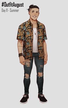 a man wearing ripped jeans and a floral shirt is standing with his hands in his pockets