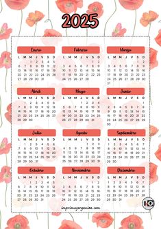 a calendar with red flowers on it and the date in spanish, which is printed out