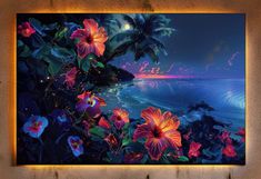 a painting on the wall with flowers and palm trees in front of an ocean view