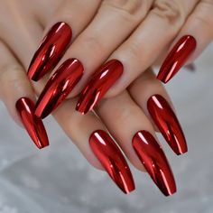 coffin Nails Metallic Chrome, Flashy Nails, Red Chrome Nails, Mirror Nail Polish, Festive Nails, Chrome Nail Polish, Nails Extra, Mirror Nails, Chrome Nail