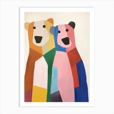 two bears are standing next to each other with their faces painted in different colors and shapes