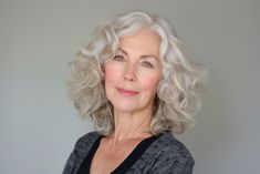 Loose Perm Short Hair, Grey Hair And Makeup, Long Silver Hair, Medium Length Curly Hair