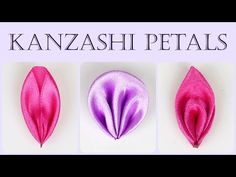 three different types of pink and purple petals with the words kanzashi petals