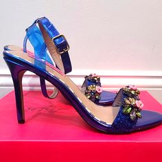 Betsey Johnson Womens Alyna Heeled Sandel, Blue Multi, Size 7.5, Flower Covered Toe Strap, Stiletto Heel, New With Box Blue Open Toe Sandals For Prom, Blue Block Heel Sandals For Party, Blue Sandals For Summer Prom, Padded Heel Sandals For Prom In Spring, Blue Sandals For Prom In Summer, Spring Prom Sandals In Synthetic Material, Blue Party Sandals With Block Heel, Blue Low Heel Sandals With Heel Strap, Spring Prom Low Heel Sandals