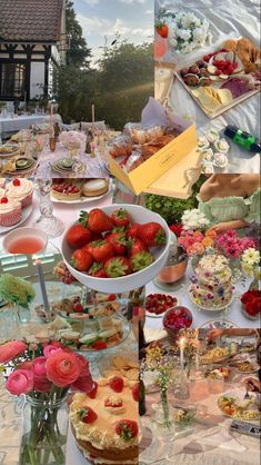 a table filled with lots of food and desserts