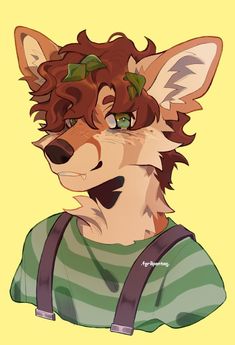 a drawing of a wolf wearing suspenders and a green striped t - shirt is shown