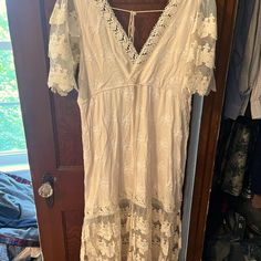 Gorgeous Boho Lace Beach Style Maxi Dress. Adjustable Drawstring Waist, Knee High Slots On Both Sides. New With Tags. Beautiful Dress, Just Too Big For Me. Summer Midi Length Lace Dress, Cream Midi Dress With Lace Trim For Vacation, Cream Lace Maxi Dress For Brunch, Flowy Lace Midi Dress For Vacation, Beach Lace Midi Dress With Short Sleeves, Cream Midi Dress With Lace Trim For Beach, Lace Midi Dress With Short Sleeves For The Beach, Lace Short Sleeve Midi Dress For Beach, Cream Lace Dress For Summer Beach Outings