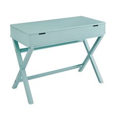 a blue desk with two drawers sitting on it's legs and one drawer open