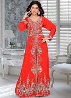 Get Going With This Majestic & Wonderful Piece And Make Your Dream Attire Look Richer To Your Persona Create A Smoldering Impact By This Elaborate Red Kaftan.This Ravishing Attire Is Amazingly Embroidery & Hand Beaded Work.#moroccancaftan #arabicattire #womenkaftan #ladieslongdress #handbeadedkaftan Embroidered Hijab, Red Kaftan, Crystals Decor, Cutdana Work, Beaded Work, Work Women, Moroccan Caftan, Utsav Fashion, Islamic Clothing