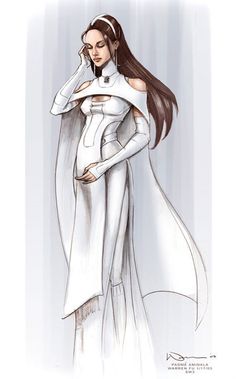 a drawing of a woman dressed in white