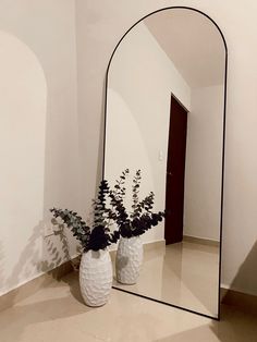 two vases with flowers sit in front of a large mirror on the floor next to a doorway