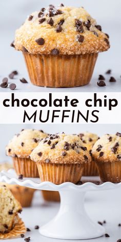 chocolate chip muffins on a cake plate with the title above it and below