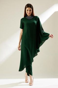 Shop for Aakaar Green Cotton Silk Crystal Embellished Tunic And Draped Pant Set for Women Online at Aza Fashions Work Crystals, Tunic With Pants, Asymmetric Tunic, Happy Dresses, Drape Pants, Latest Dress Design, Embellished Neckline, Diy Fashion Clothing, Designer Party Wear Dresses