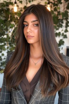 Woman with long, straight dark brown hair and a dramatic center part. Styling Tips, Polished Look