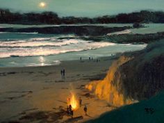 an oil painting of people on the beach at night