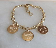 Personalized Charm Bracelet, Gold Engraved Bracelet, Mothers Day Gift, Mother of the Bride Gift, Best Friend Gift, Keepsake Bracelet, Gift ❤️This classic keepsake gold bracelet features a fancy and unique chain of polished oval rings and textured round rings (ovals measure 5.7mm, rounds measure 6mm). This is a beautiful quality made 24kt gold overlay chain that is double sided. I have adorned this fabulous bracelet with up to ten engraved 1/2 inch 14kt gold filled discs. The price varies based o Engraved Nameplate Charm Bracelet For Gift, Engraved Nameplate Charm Bracelet Gift, Personalized Engraved Nameplate Charm Bracelet, Adjustable Jewelry With Engraving Option For Birthday Gift, Engraved Bracelet For Birthday, Engraved Charm Bracelet For Mother's Day Personalized Gift, Spiritual Engraved Name Bracelet For Gift, Spiritual Engraved Name Bracelet Gift, Engraved Gold Charm Bracelet For Birthday Gift