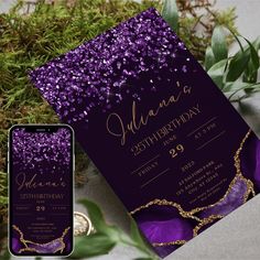 an elegant purple and gold birthday party with glitters on it, next to a phone