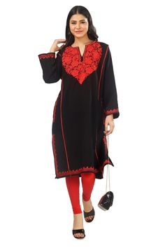 "Kashmiri Aari Embroidered Woolen Pheran.These Pherans Is Made Of Fine Cashmillon Wool Its Embroidered With Aari Work.The Embroidery Done On This Is A Traditional Kashmiri Embroidery Known As 'Aari Work''.It Can Be Matched With Many Outfits  And Pair It Up With A Skirt, Trousers.A Stunningly Marvellous Kurti. These Pherans Features Royal Kashmir Aari Embroidery. Product Details - Condition: Brand New - Handmade - Style: Pheran Tunic - Fabric: Fine Cashmillon Wool - Embroidery: Kashmiri Aari Embroidery - Base Color: Black - Embroidery Color: Multi-Color - Features Pockets On Both Sides - Length: 42\" Inch - Chest: 48'' Inch - Care Instructions: Handwash Only (Use Cold Water) - Ironing: Use Steam Ironing - Free Shipping : Yes -For Customization, Drop Us A Message, And We Will Make It As Per Multicolor Embroidered Kaftan With Dabka Work, Black Designer Kaftan, Festive Kaftan With Embroidered Border, Embroidered Unstitched Kaftan For Navratri, Traditional Black Designer Kaftan, Transitional Traditional Straight Kurta Kaftan, Embroidered Kaftan For Navratri, Long Sleeve Kaftan With Resham Embroidery For Navratri, Traditional Long Sleeve Kaftan For Navratri