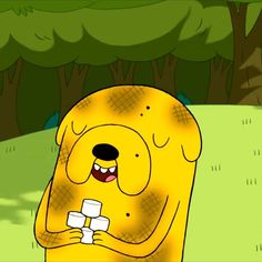 a cartoon bear holding an ice cube in its paws while standing next to a tree