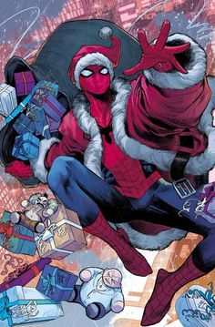 a spider - man is flying through the air with gifts in his hands and wearing a santa hat