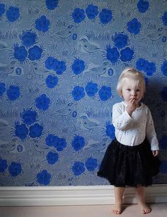 Wallpaper Florinda ultramarine | Wallpaper from the 70s Unusal Wallpaper, Bold Wallpaper Uk, Cobalt Blue Wallpaper Bathroom, Bold Wallpaper Small Living Room, Bold Blue Bathroom Wallpaper, Wallpaper Blue Kitchen, Funky Living Rooms, Scandinavian Dining Room