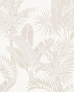 a white and grey wallpaper with palm leaves