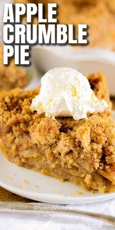 a slice of apple crumble pie on a white plate