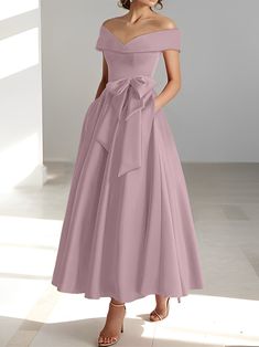 A-Line/Princess Off-the-Shoulder Mother of the Bride Dresses with Pock - Mondressy Hoco Dresses White, Satin Hoco Dress, Hoco Dresses Green, Bride Dress Vintage, Dresses With Pockets, Grey Bridesmaid Dresses, Mother Wedding Dress, Mermaid Bridesmaid Dresses, Dusty Rose Dress