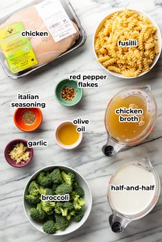 the ingredients to make broccoli pasta are displayed on a marble countertop with bowls and measuring cups