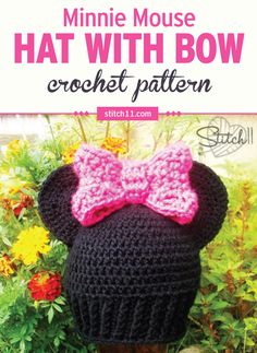 a crocheted hat with a pink bow on it and text that reads, minnie mouse hat with bow crochet pattern