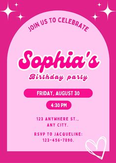 a pink birthday party card with the words sophiia's on it