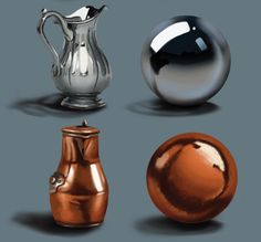 a group of different types of vases and jugs on a gray back ground