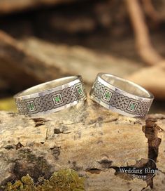 Experience the finesse of ancient symbolism that is interpreted in a modern manner. These matching Celtic style Rings are a spectacular demonstration of this! Symbolic Wedding Jewelry With Intricate Design, Traditional Etched Wedding Rings, Symbolic Wedding Rings With Decorative Band, Symbolic Handmade Wedding Jewelry, Green Engraved Wedding Rings, Silver Rings With Unique Design For Weddings, Wedding Bands His And Hers, Couples Ring Set, Celtic Style