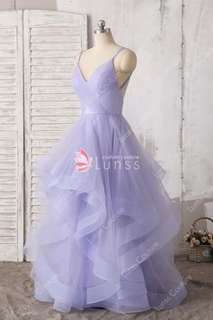 layered V neck A line Spaghetti Strap tulle prom dress Light Purple Prom Dress Lavender, Pastel Purple Prom Dress, Lavender Dress Formal, Light Purple Prom Dress, Prom Dress Aesthetic, Lavender Wedding Dress, Prom Dresses Lavender, Flounced Skirt, Flowy Dress Long