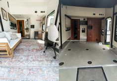 before and after photos of an rv's living room, dining area and bedroom