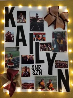 a bulletin board with pictures and lights on it that says kalaly snk & zn