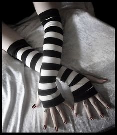 Black and White Arm Warmers Striped Cotton - Yoga Bellydance Cycling Office Wear Sun Protection Ligh White Arm Warmers, Striped Arm Warmers, Black And White Gloves, Long White Gloves, Yoga Light, Striped Gloves, Gloves White, Evening Gloves, Cotton Gloves