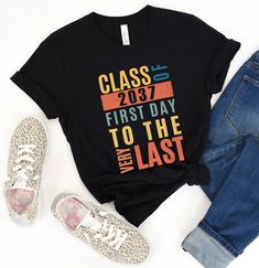 Class of 2037 Graduation shirt is in adult sizing so you can capture your littles ones First and last day of school picture and see them grow into the shirt.  Do you need a different Color?  Use Message seller function to check for availability Available Colors: White (100% Cotton) Deep Heather Grey (super soft) Heather Navy (super soft) Heather Black (super soft) Pink 100% Cotton ) Do you need a different Color?  Use Message seller function to check for availability ---------- How to Order Your Custom Design T-shirt ---------- * Choose your t-shirt color * Choose your size * PLEASE make sure all your order's steps ---------- Product ---------- Made from very soft materials, this tee is 100% cotton for solid colors. Heather colors and sports grey include polyester. The shoulders have twill Funny Black Tops For End Of School Year, Casual Letter Print Shirt For Graduation, Black Tops For College Events At School Year-end, Casual Shirt With Text Print For Graduation, Casual Black Tops For School Events, Black Casual Tops For School Events, Casual T-shirt For Graduation, Black Cotton Shirt For School Events, Casual Graduation Shirt With Text Print