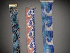 three different types of beaded wristbands are shown in four different colors and patterns