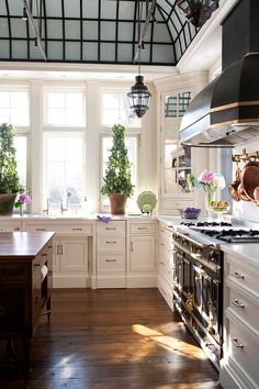 a large kitchen with white cabinets and wood flooring, along with potted plants on the windowsill