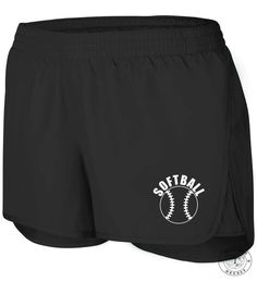 "Softball Shorts! Shorts are August Women's Wayfarer Shorts= 100% polyester micropoly shell, 100% polyester mesh inserts, 100% polyester wicking crepe lining, low rise, covered elastic waistband with inside drawcord, inner brief with leg elastic, inside key pocket, 3.5\" inseam with heat sealed label. Shorts are black with softball across the front leg corner in white. Available in women sizing. These shorts are perfect for practice on a hot day or to wear to watch a game!" Stretch Nylon Shorts For Sports Events, Stretch Nylon Athletic Shorts For Sports Events, Nylon Bottoms With Built-in Shorts For Sports, Stretch Moisture-wicking Bottoms For Sports Events, Moisture-wicking Stretch Bottoms For Sports Events, Moisture-wicking Stretch Bottoms For Sports, Athleisure Nylon Bottoms For Sports Events, Nylon Shorts For Sports Events And Season, Nylon Shorts For Sports Events