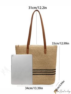 BirdinBag - Vacation Essential: Striped Straw Bag with Zipper & Double Handles Bag With Zipper, Color Khaki, Straw Bag, Straw, Handles, Zipper, Pattern, Color