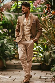 👉 Break Free from the Ordinary: Click the Link to Find Items and Other Outfits that Redefine Cool 👈  ///// Elegant beige suit perfect for summer formal events. Includes beige blazer, vest, trousers, and loafers for a stylish and sophisticated look. Beige Suit, Summer Formal, Beige Suits