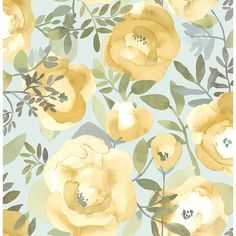 yellow roses on blue background with leaves and stems in the center, watercolor style