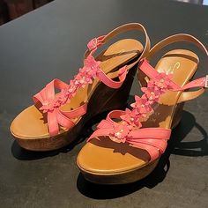 Salmon Pink And Brown Wedge Sandal With Floral Appliqu. New, Never Worn Brown Wedge Sandals, Pink And Brown, Salmon Pink, Floral Applique, Wedge Sandal, Womens Shoes Wedges, Pink Brown, Wedge Sandals, Wedges