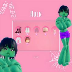 an animated image of a woman standing in front of a pink background with the words hulk on it